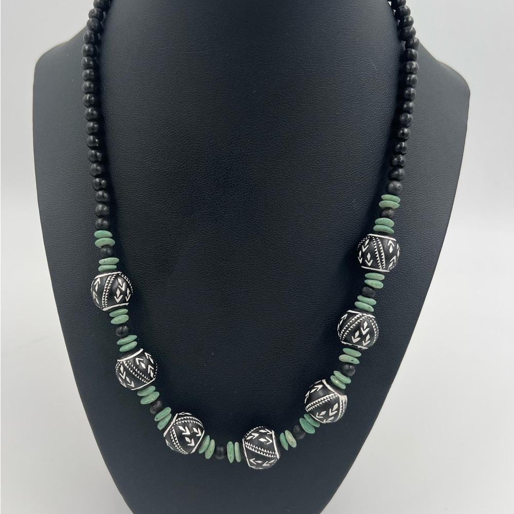 Tribal Style Wooden Beaded Necklace Black & Turquoise Wood Beads 20” Long